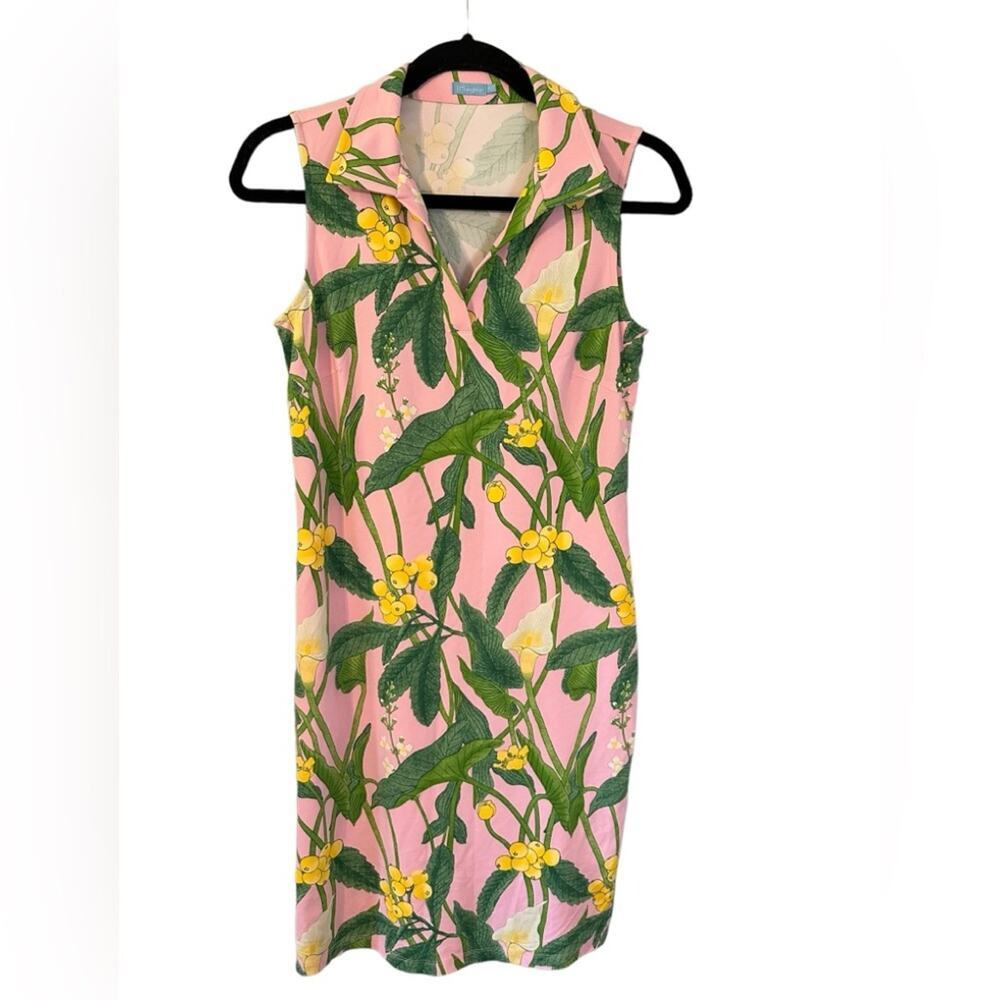 J. McLaughlin Ayla Dress‎ in Lily Frond Pink and Green V Neck Sleeveless Size XS